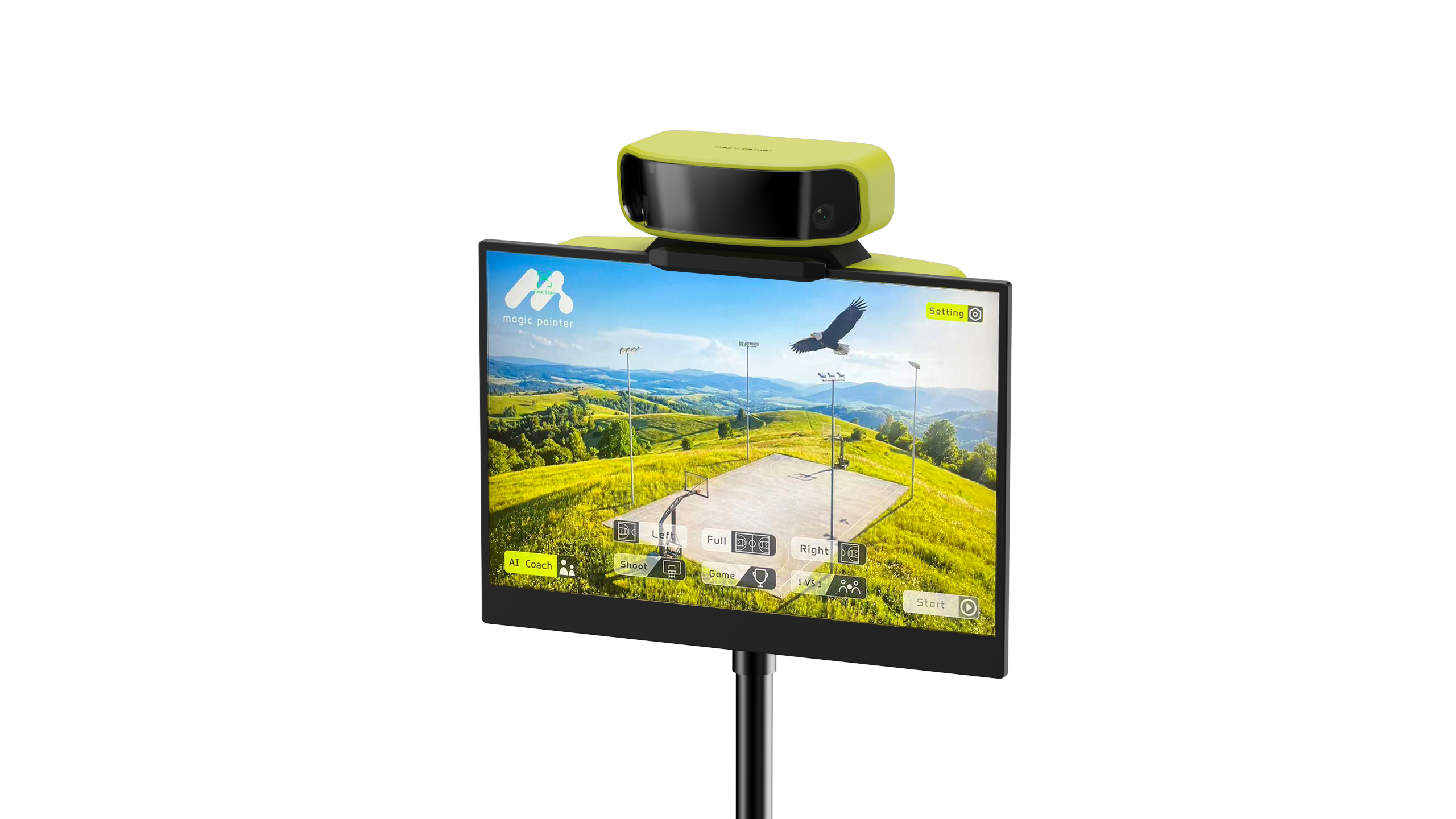 magic painter, Inc hardware unit — AI-powered basketball training kiosk with camera and display