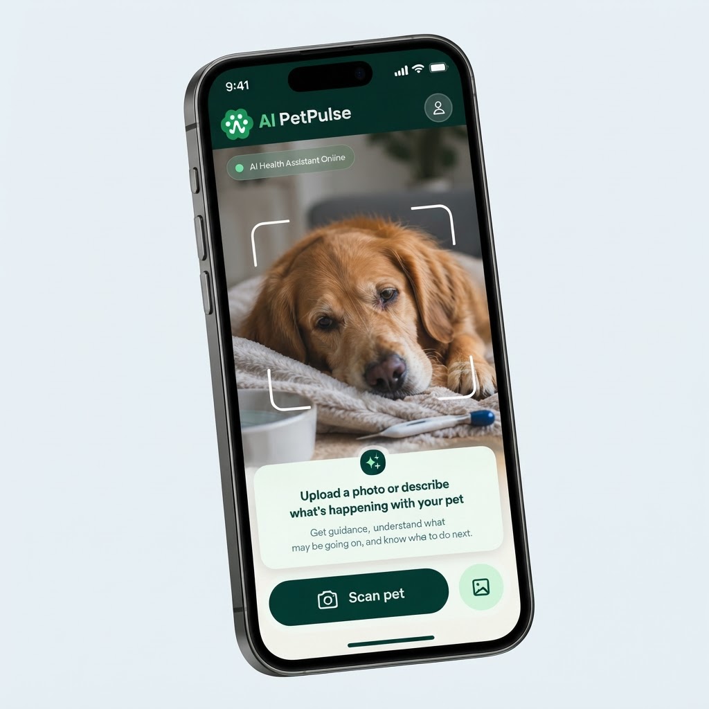 AI PetPulse mobile app scanning a golden retriever photo and providing AI guidance