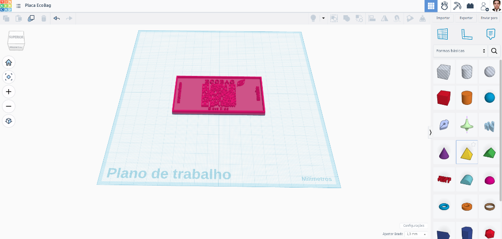 Design da plaquinha ECOBAG no Tinkercad