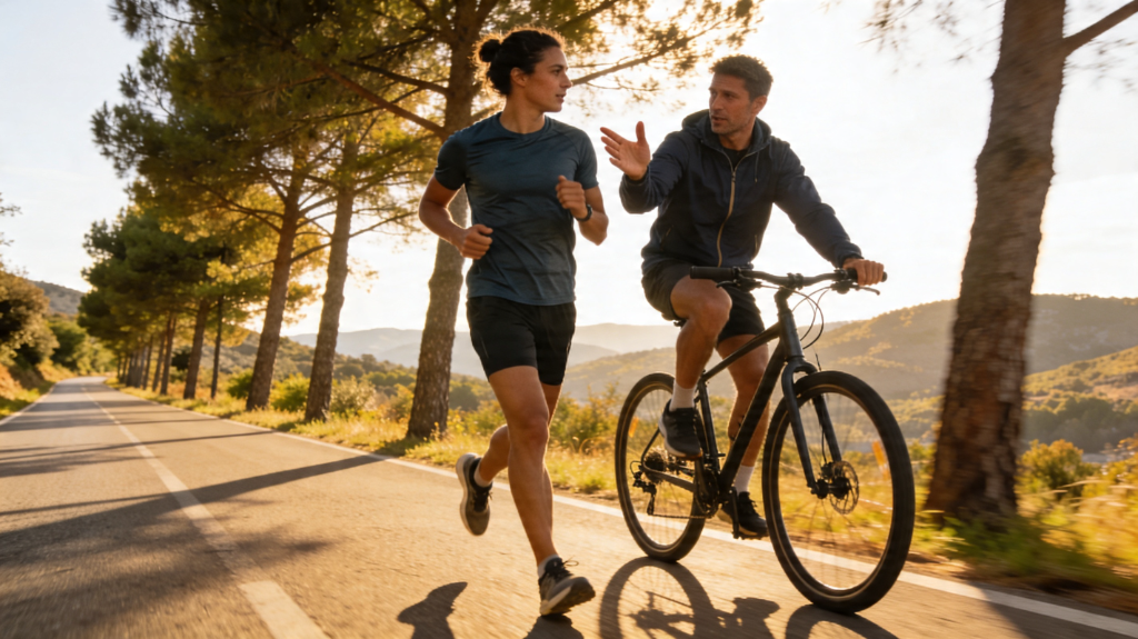 Coach on bike guiding runner
