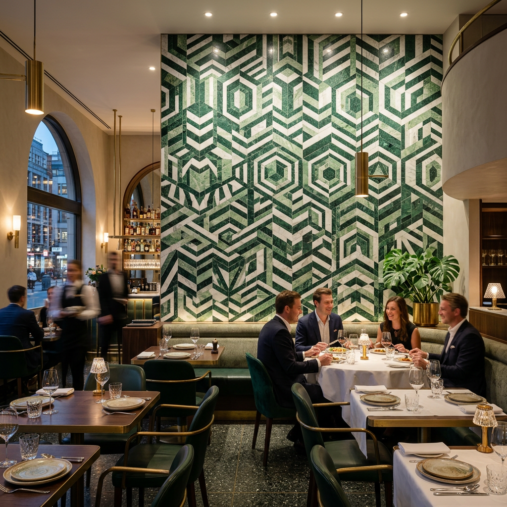 Green and White Marble Mosaic Restaurant Wall