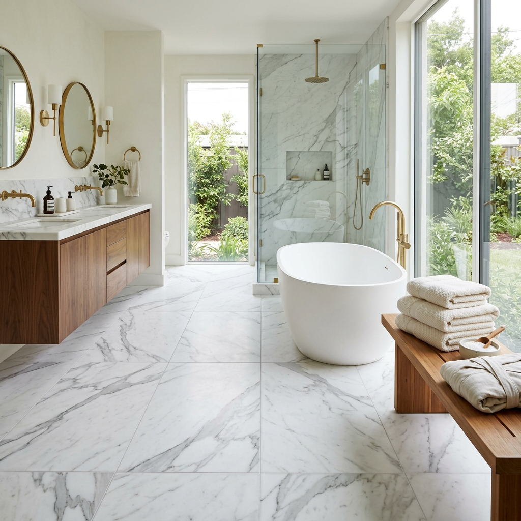 Honed Statuario Marble Spa Bathroom Floor