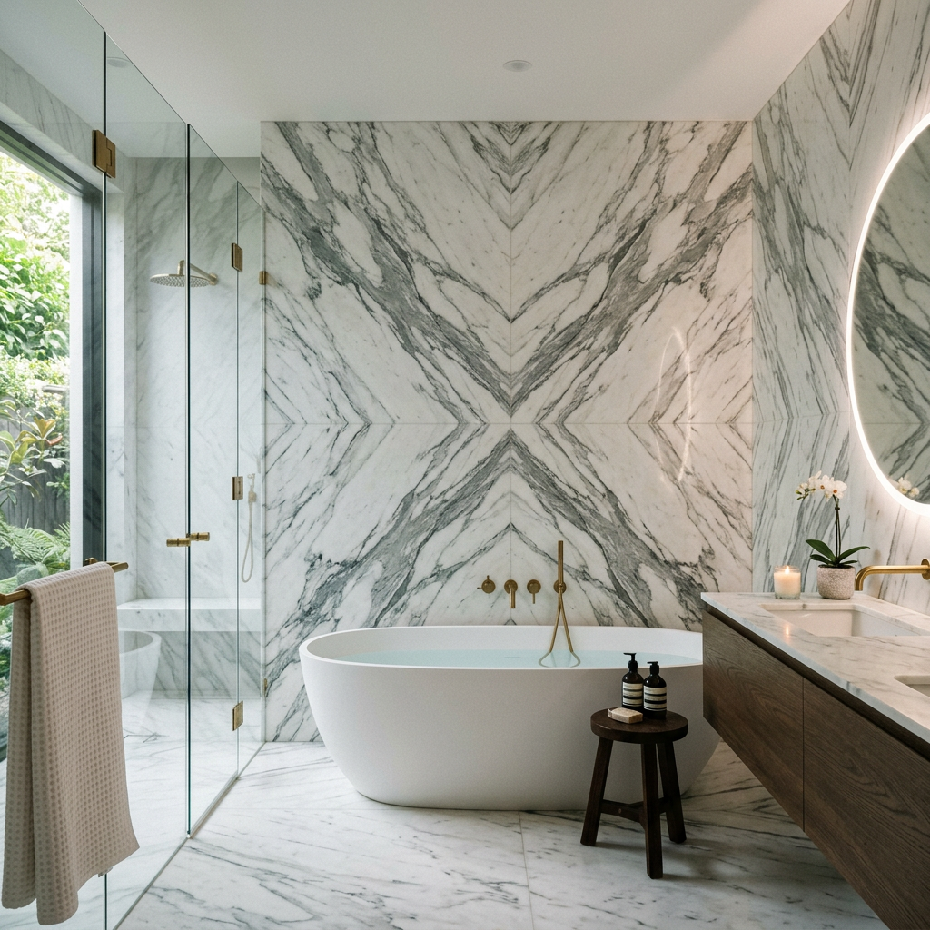 Arabescato Marble Book-Matched Bathroom Wall