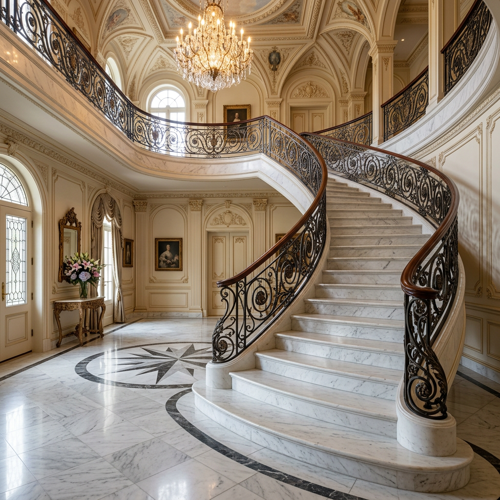 Grand Curved White Marble Staircase