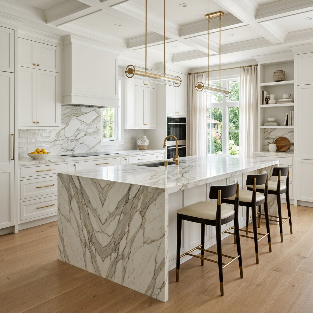 Book-Matched Marble Waterfall Island Kitchen