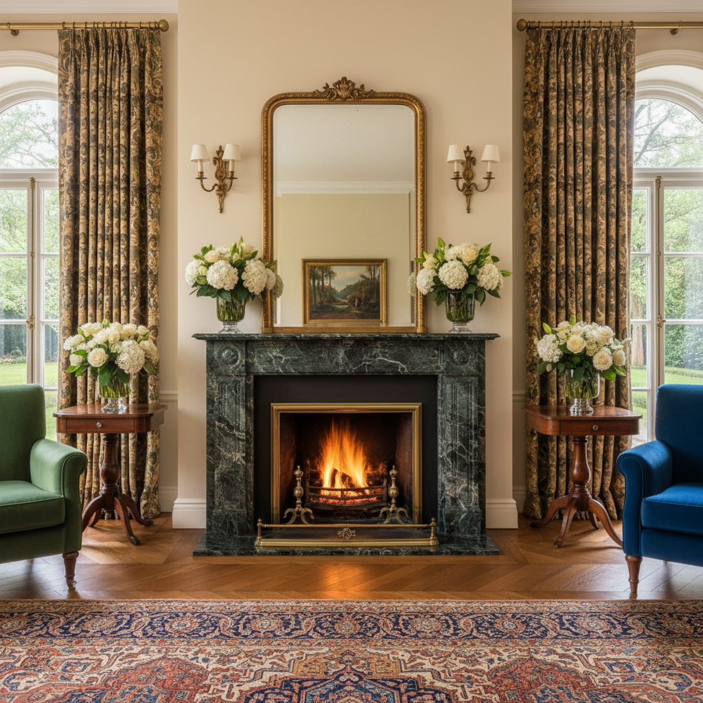 Verde Guatemala Marble Grand Fireplace
