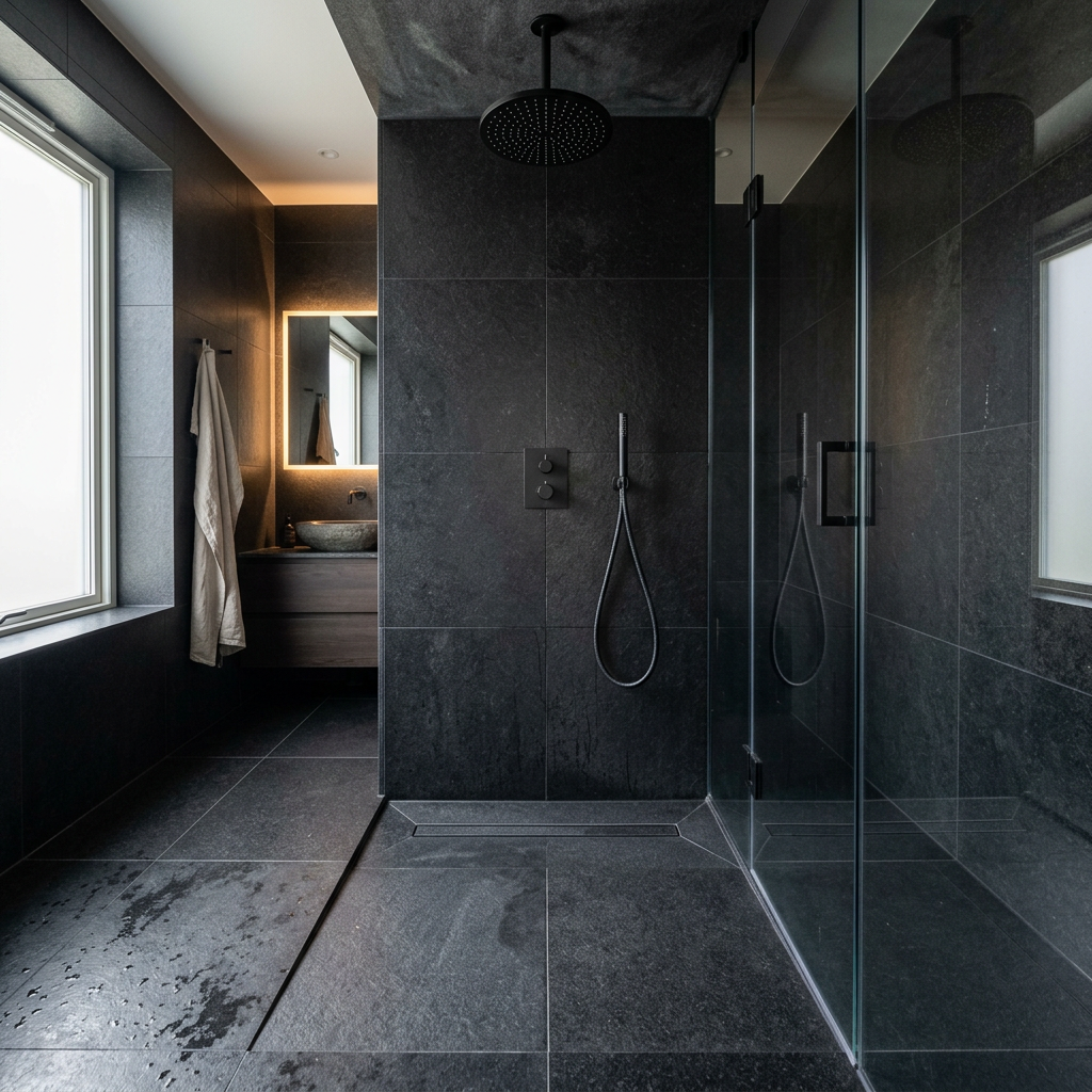 Dark Granite Shower Floor with Concealed Drain