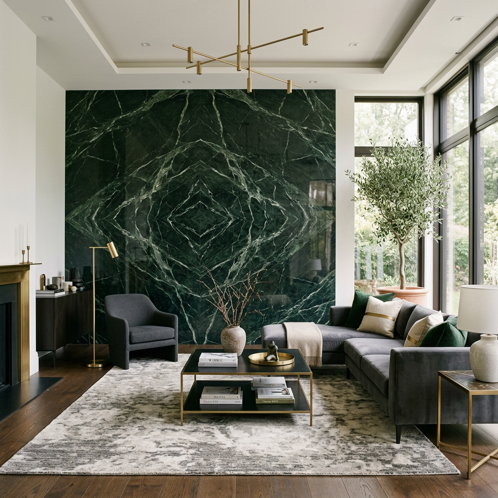 Verde Guatemala Marble Living Room Accent Wall
