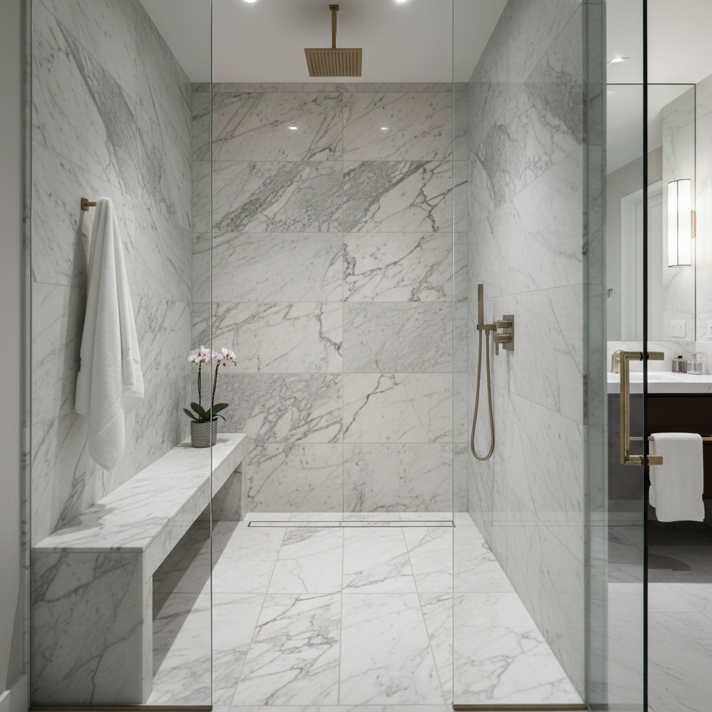 Calacatta Marble Shower Floor with Linear Drain