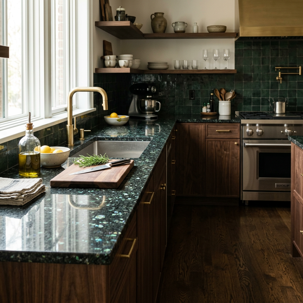 Emerald Pearl Granite Dark Kitchen