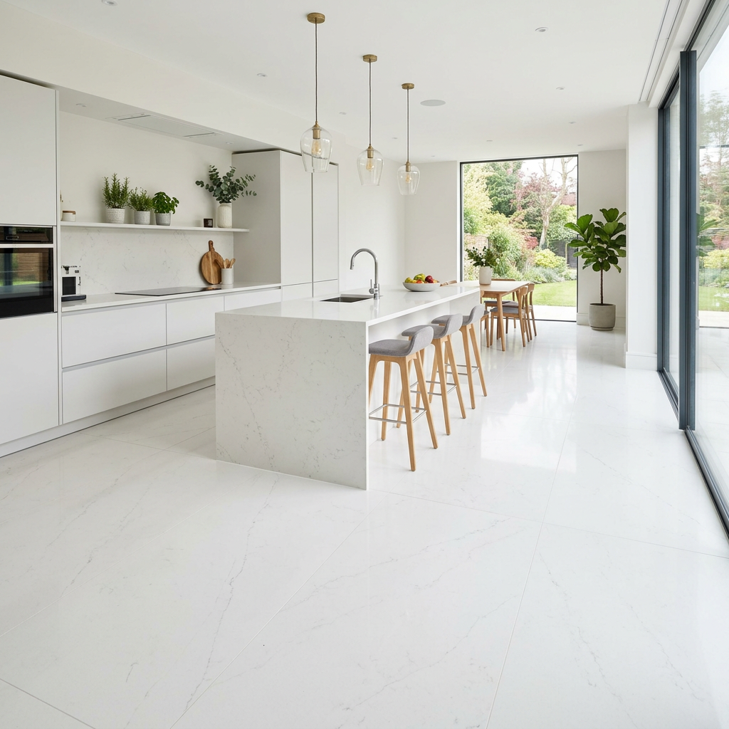 White Quartz Kitchen Floor with Minimal Grout