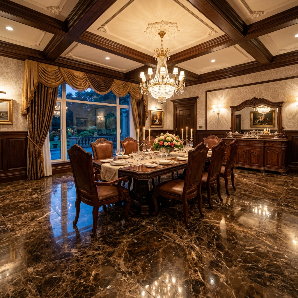 Emperador Marble Formal Dining Room Floor