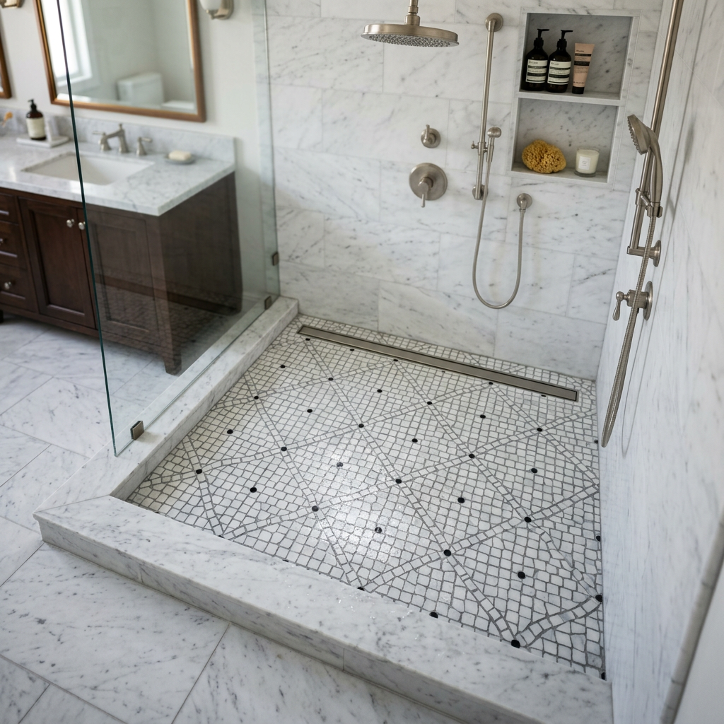 Carrara Marble Hex Mosaic Shower Base