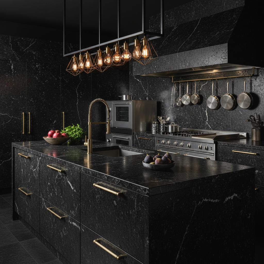 All-Black Granite Kitchen with Integrated Backsplash