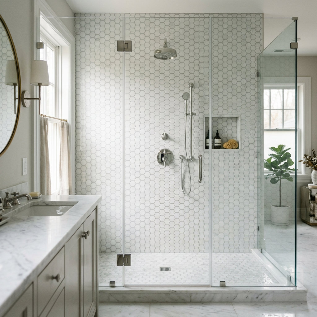 White Marble Hexagonal Mosaic Shower Wall