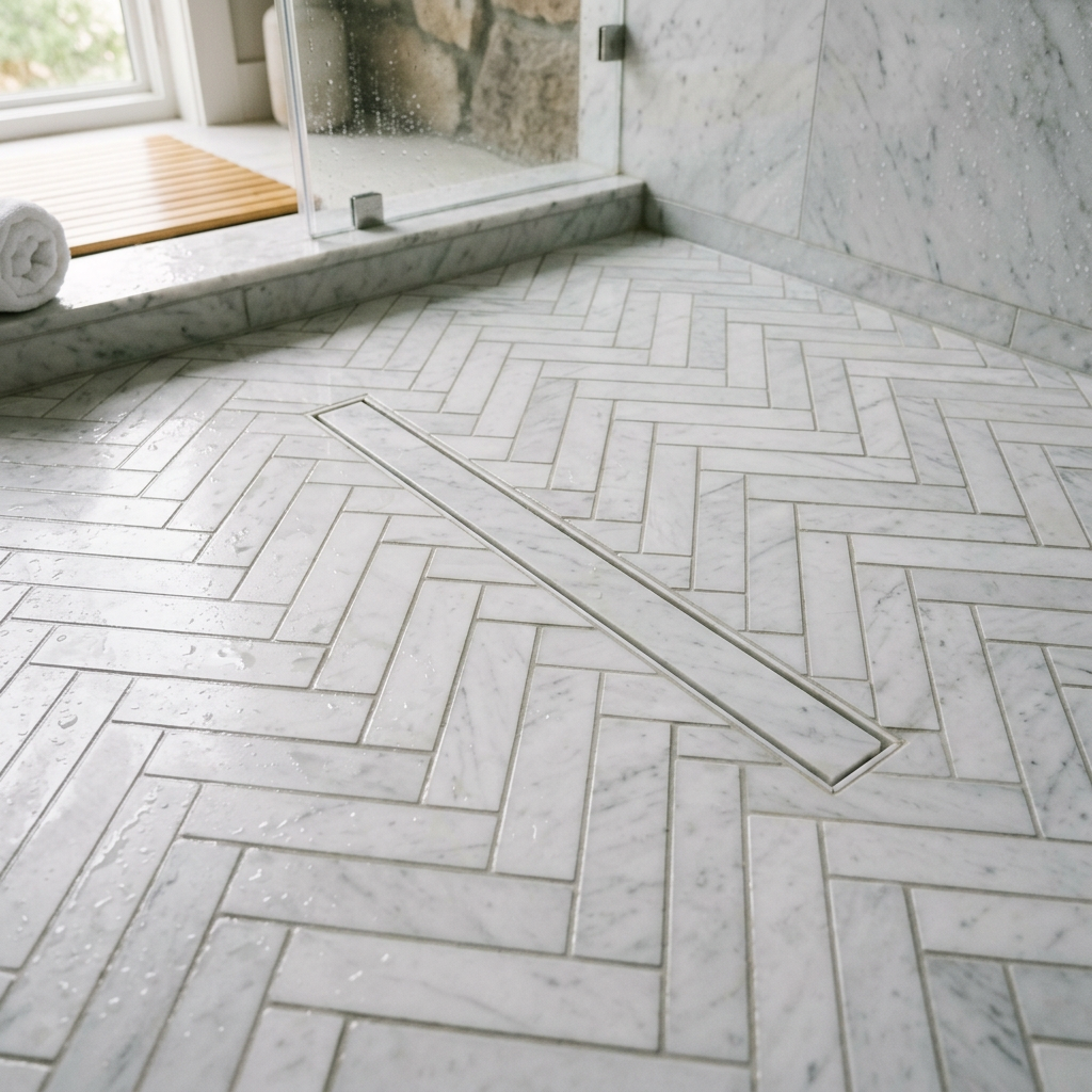 White Marble Herringbone Shower Floor