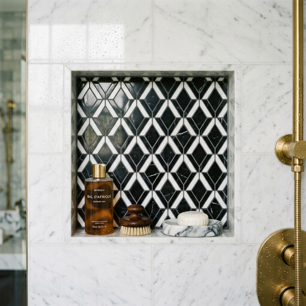 Black and White Marble Diamond Mosaic Shower Niche