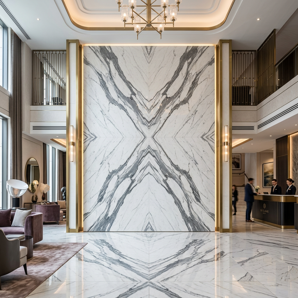 Book-Matched Statuario Marble Hotel Lobby
