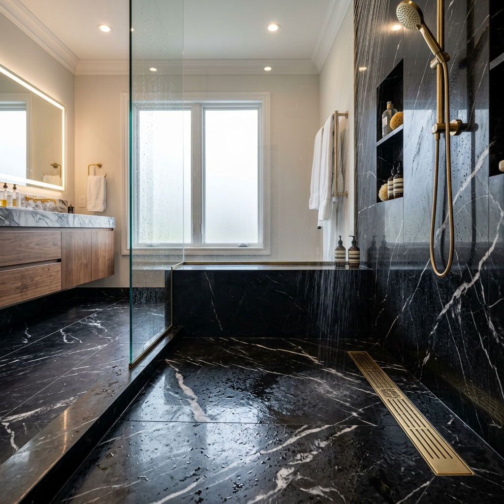 Nero Marquina Marble Shower Floor with Gold Linear Drain