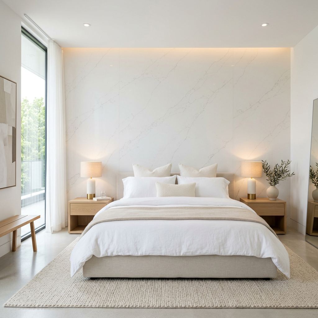 White Quartz Headboard Wall in Luxury Bedroom