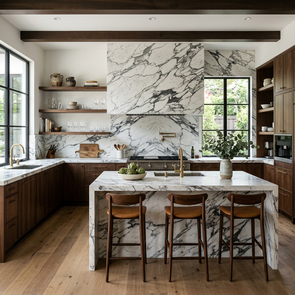 Arabescato Marble Full-Height Backsplash Kitchen