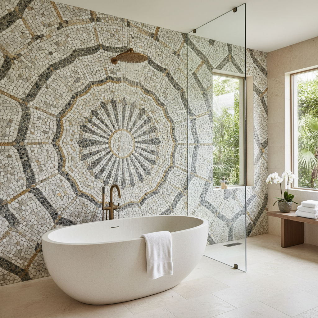 Calacatta Marble Geometric Mosaic Bathroom Wall
