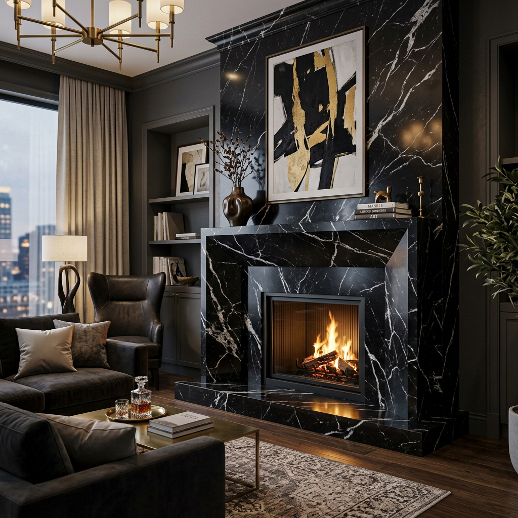 Nero Marquina Black Marble Statement Fireplace