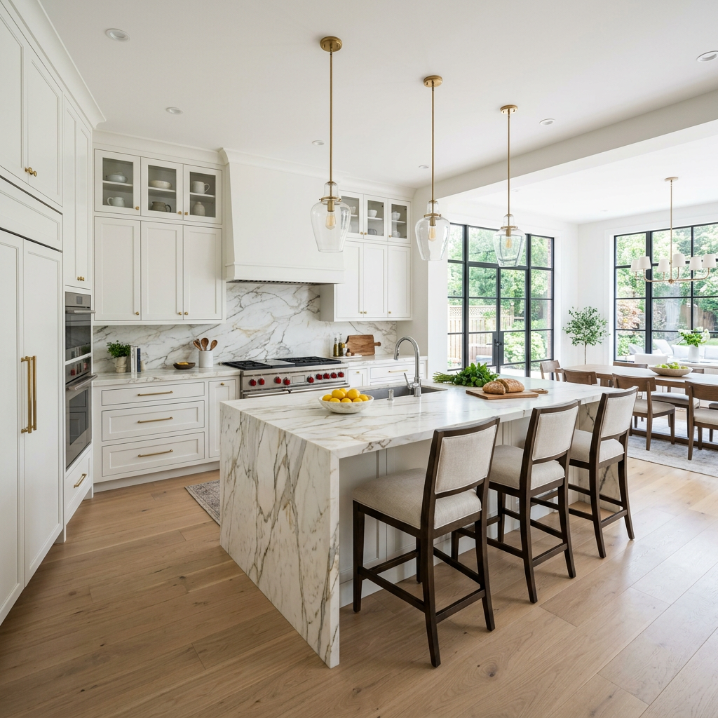 Full Calacatta Marble Kitchen with Slab Backsplash