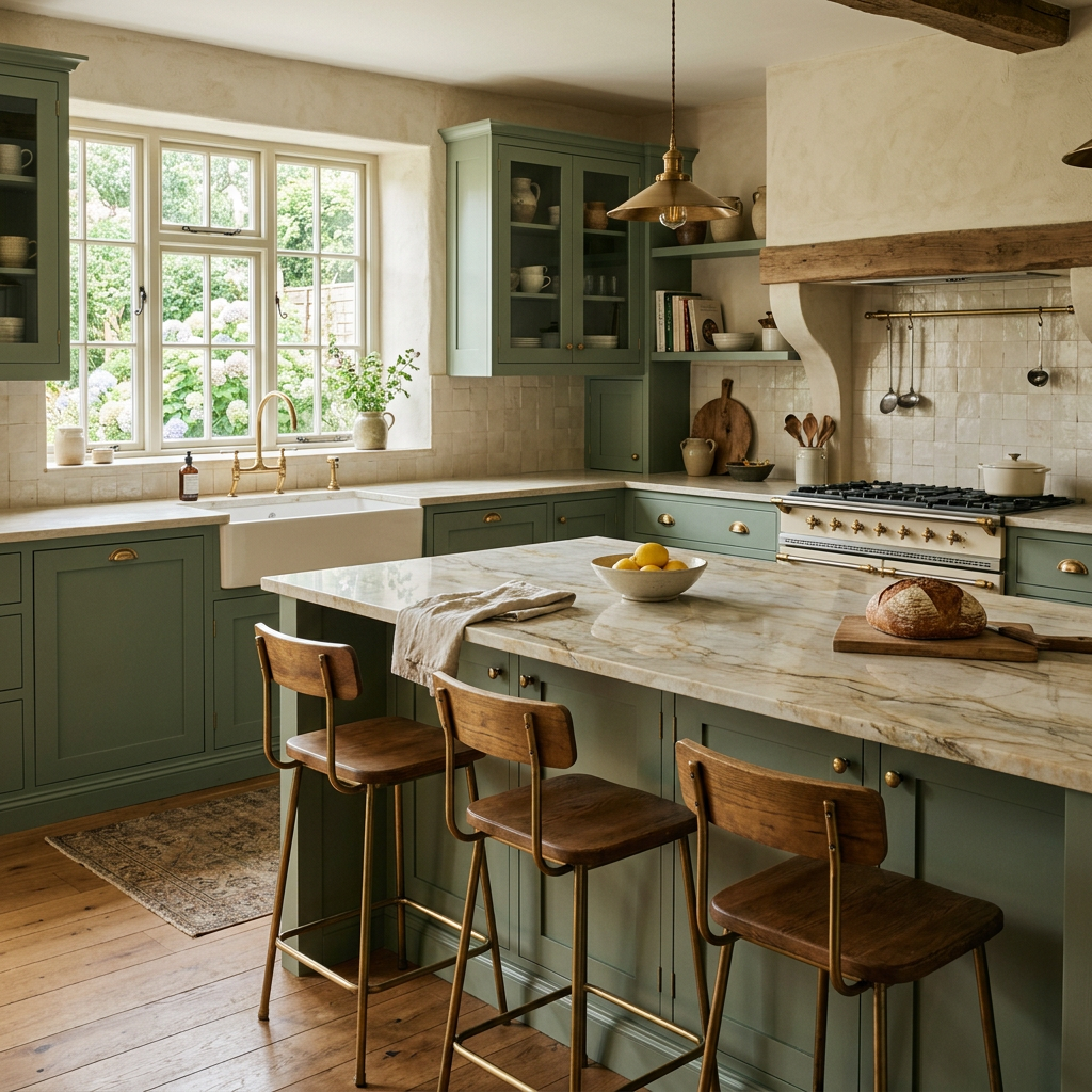 Taj Mahal Quartzite Island in Sage Green Kitchen