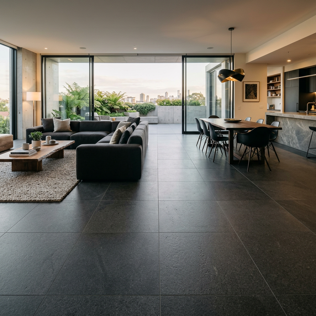 Dark Granite Honed Floor in Open Plan Living