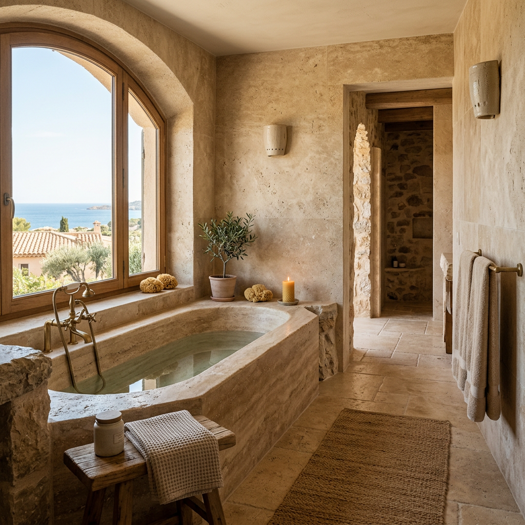 Travertine Spa Bathroom with Soaking Tub