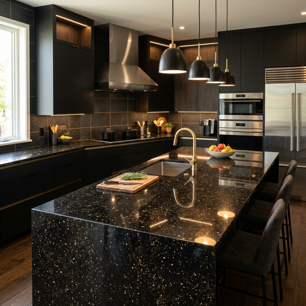 Black Galaxy Granite with Steel Appliances
