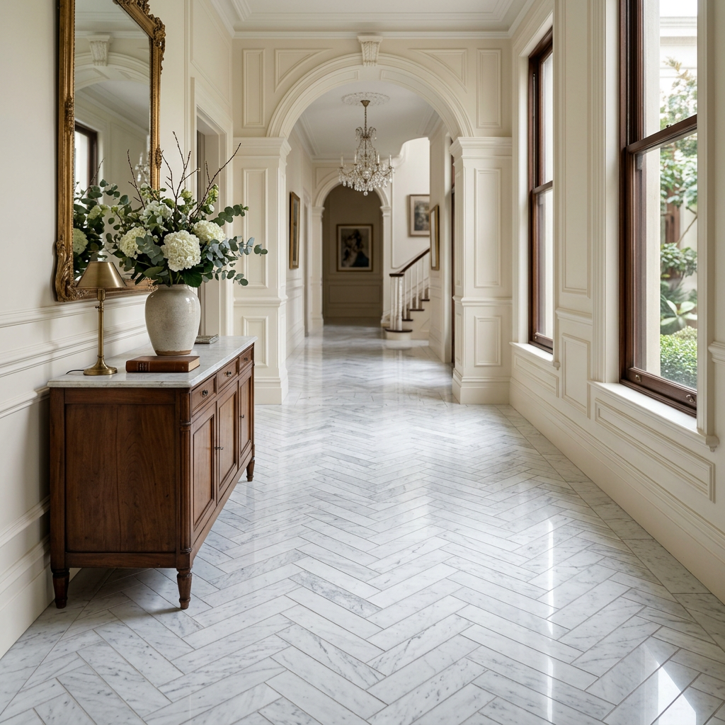 Carrara Marble Herringbone Hallway Floor