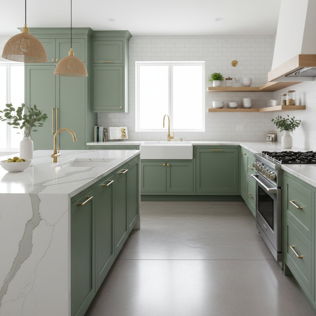 Sage Green Kitchen with Quartz