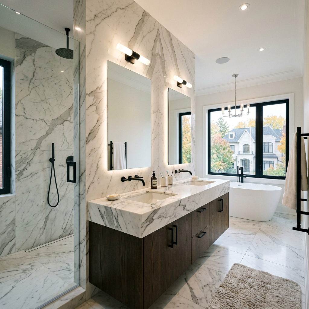 Statuario Marble Vanity and Wall Panels