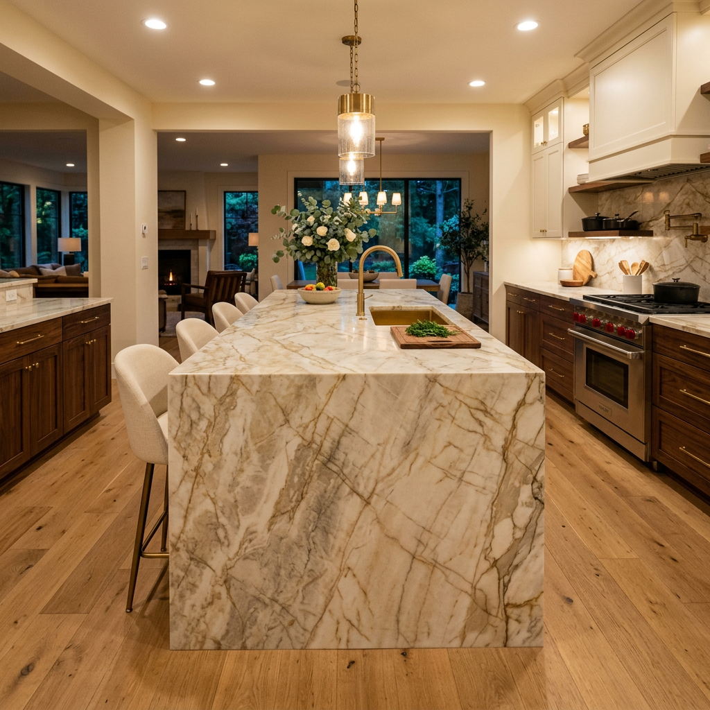 Taj Mahal Quartzite Open Kitchen Island