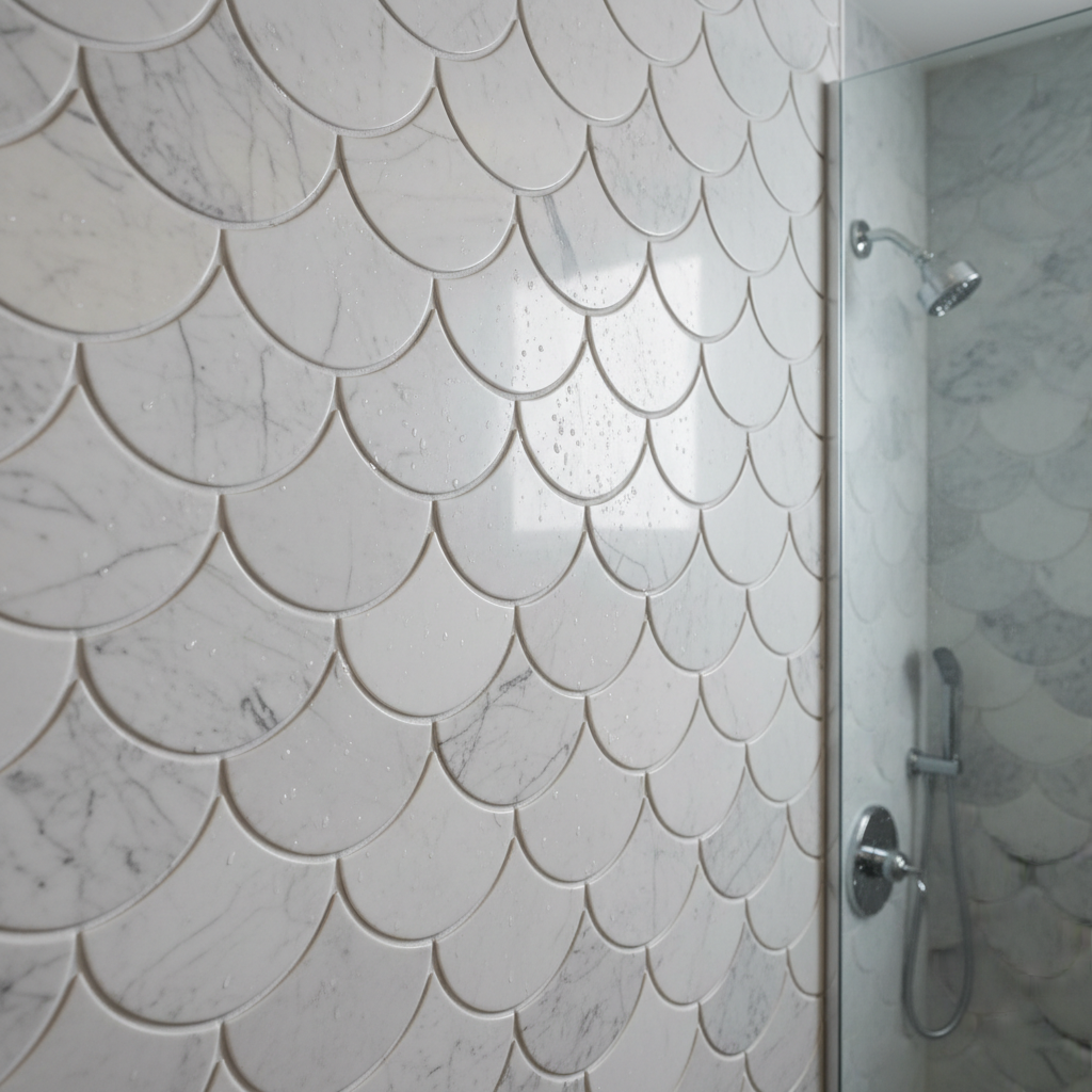 Fish Scale Marble Mosaic Shower Wall