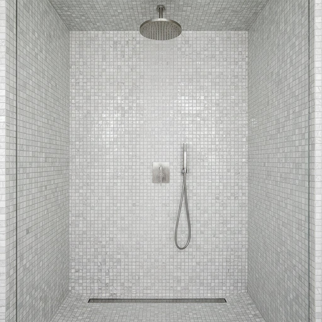 White & Grey Mosaic Shower Walls