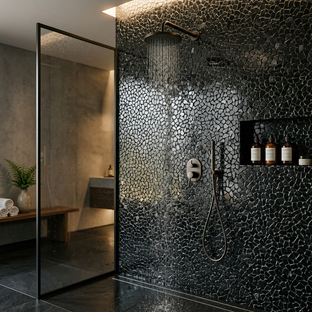 Black Granite Chip Mosaic Feature Wall