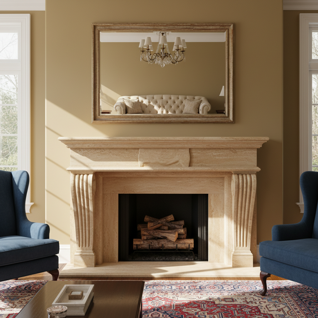 Travertine Classical Fireplace with Carved Details