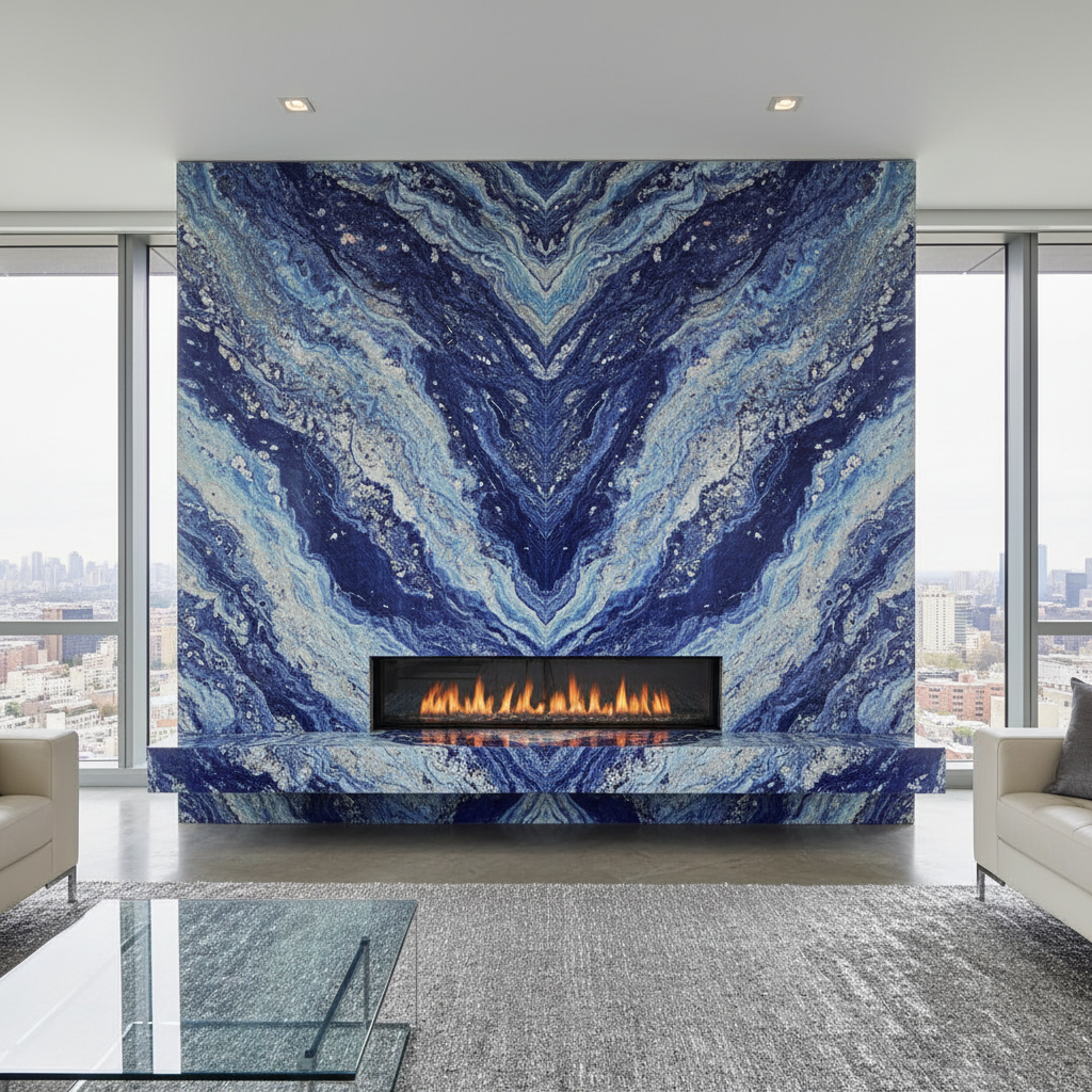 Azul Bahia Blue Granite Feature Fireplace