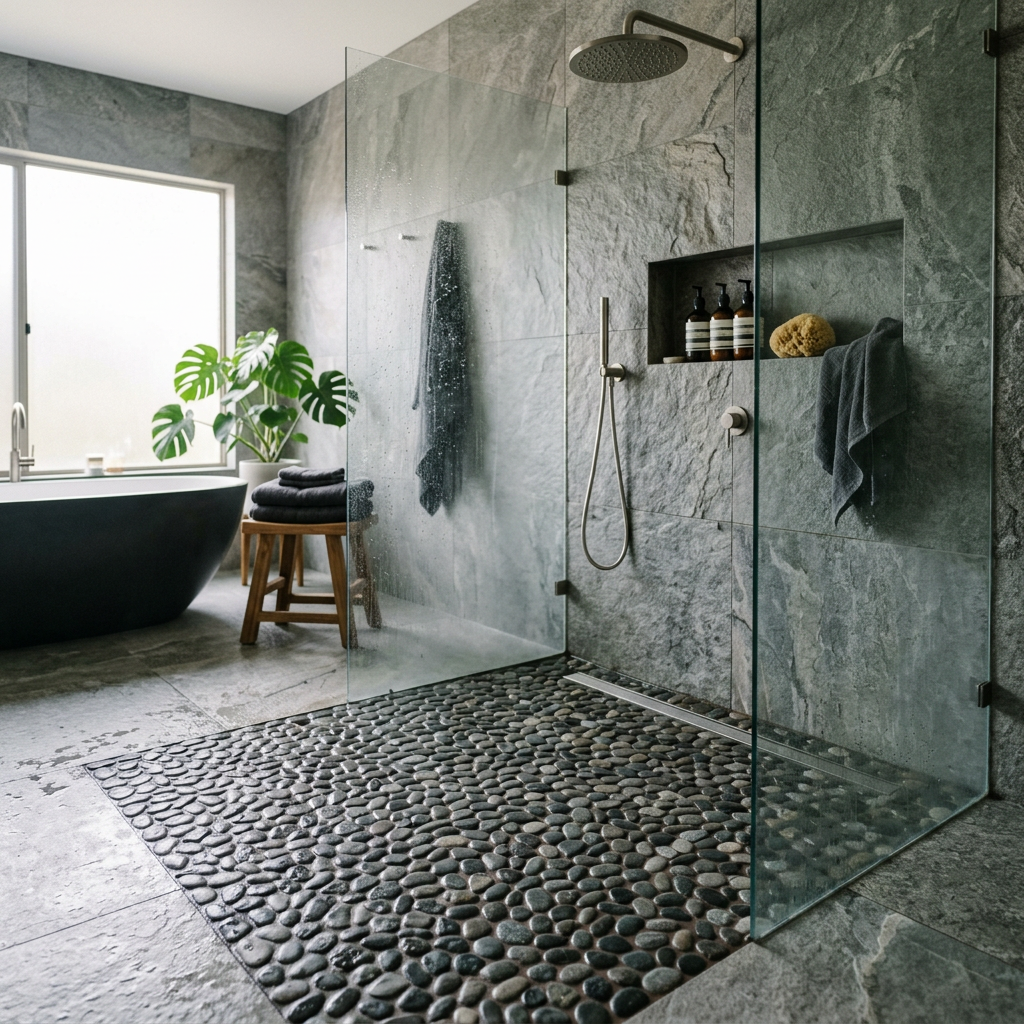 Grey Quartzite Pebble Mosaic Shower Floor