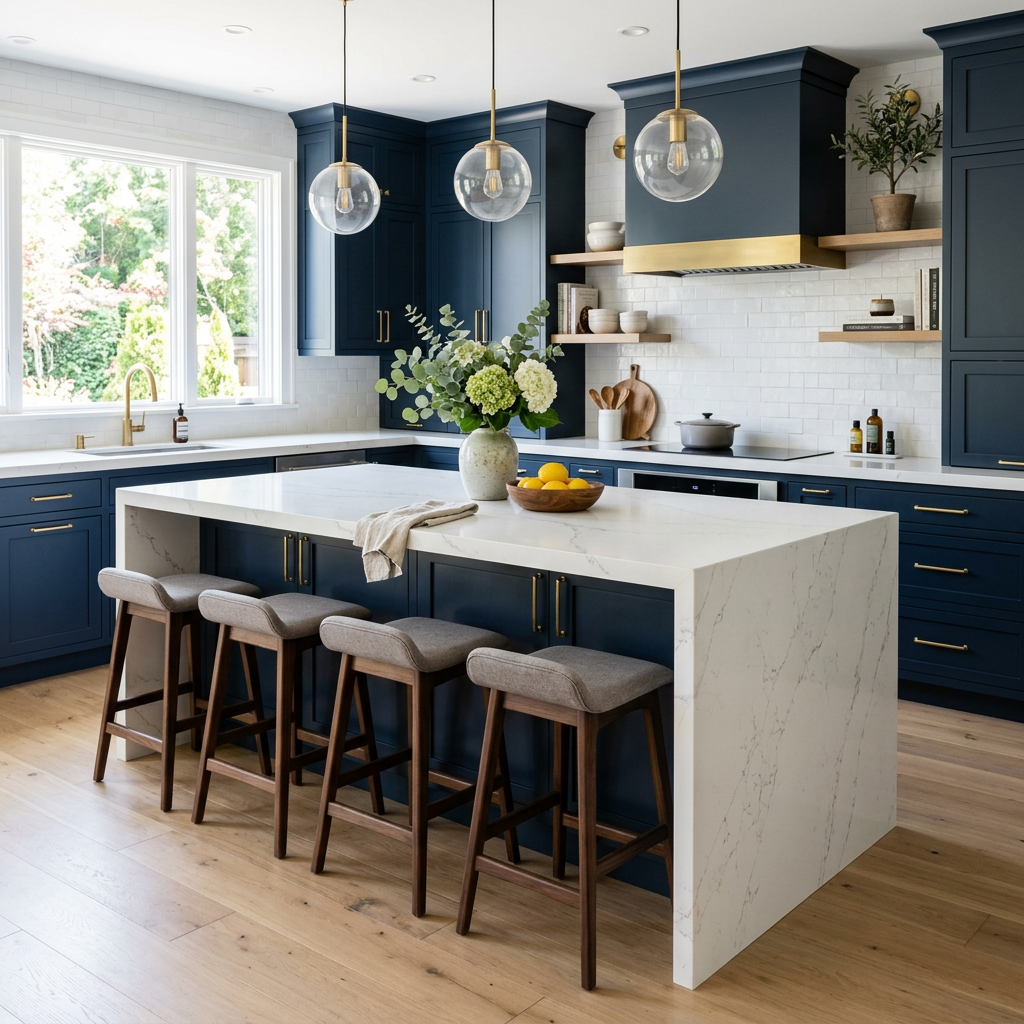 White Quartz Island with Navy Cabinetry