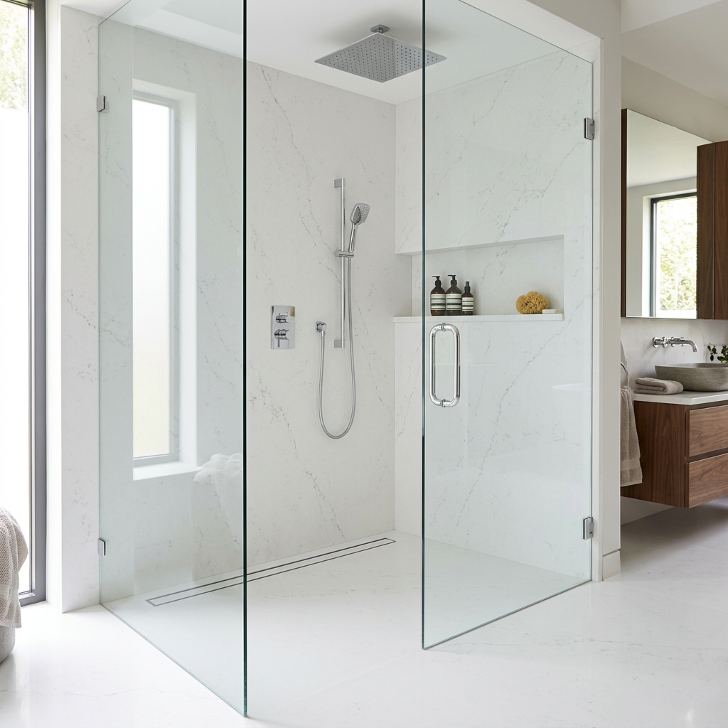 White Quartz Shower Floor Seamless with Walls