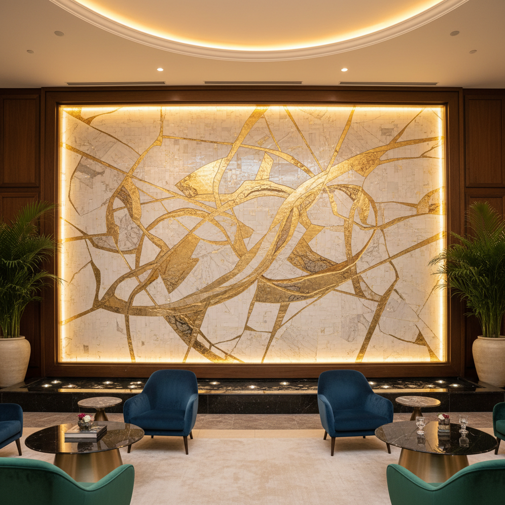 Gold-Veined Marble Mosaic Hotel Lobby Wall