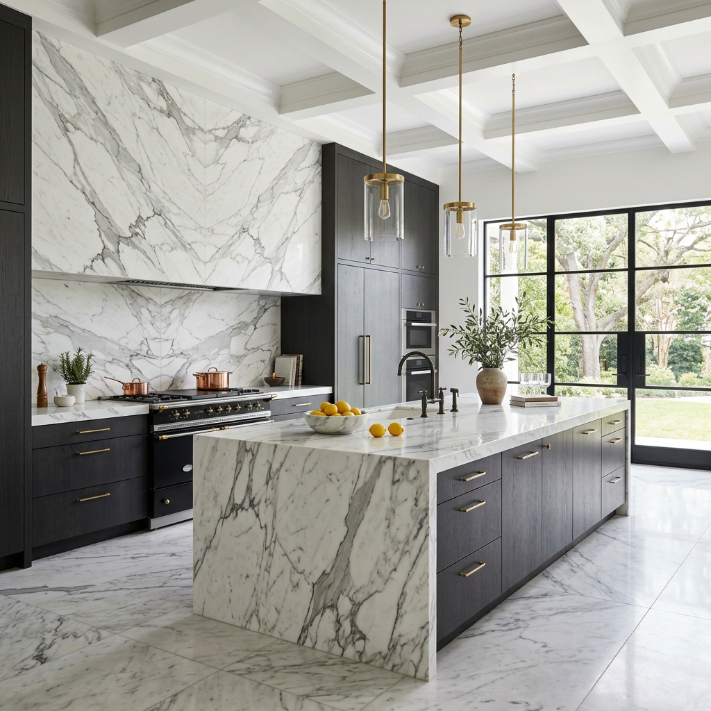 Statuario Marble Kitchen with Full-Height Stone Backsplash