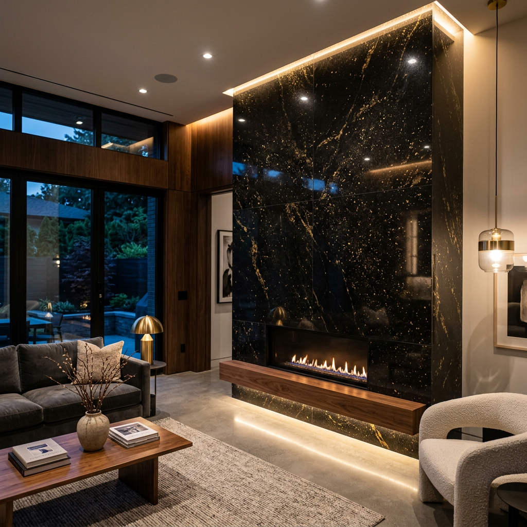 Black Granite Feature Wall with Gold Flecks