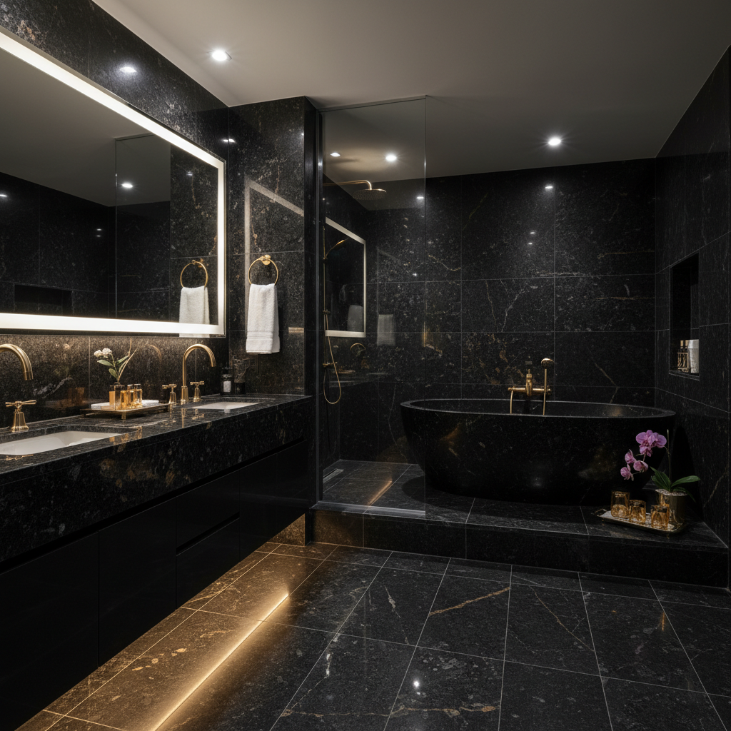 Black Granite Spa Bathroom with Gold Fixtures