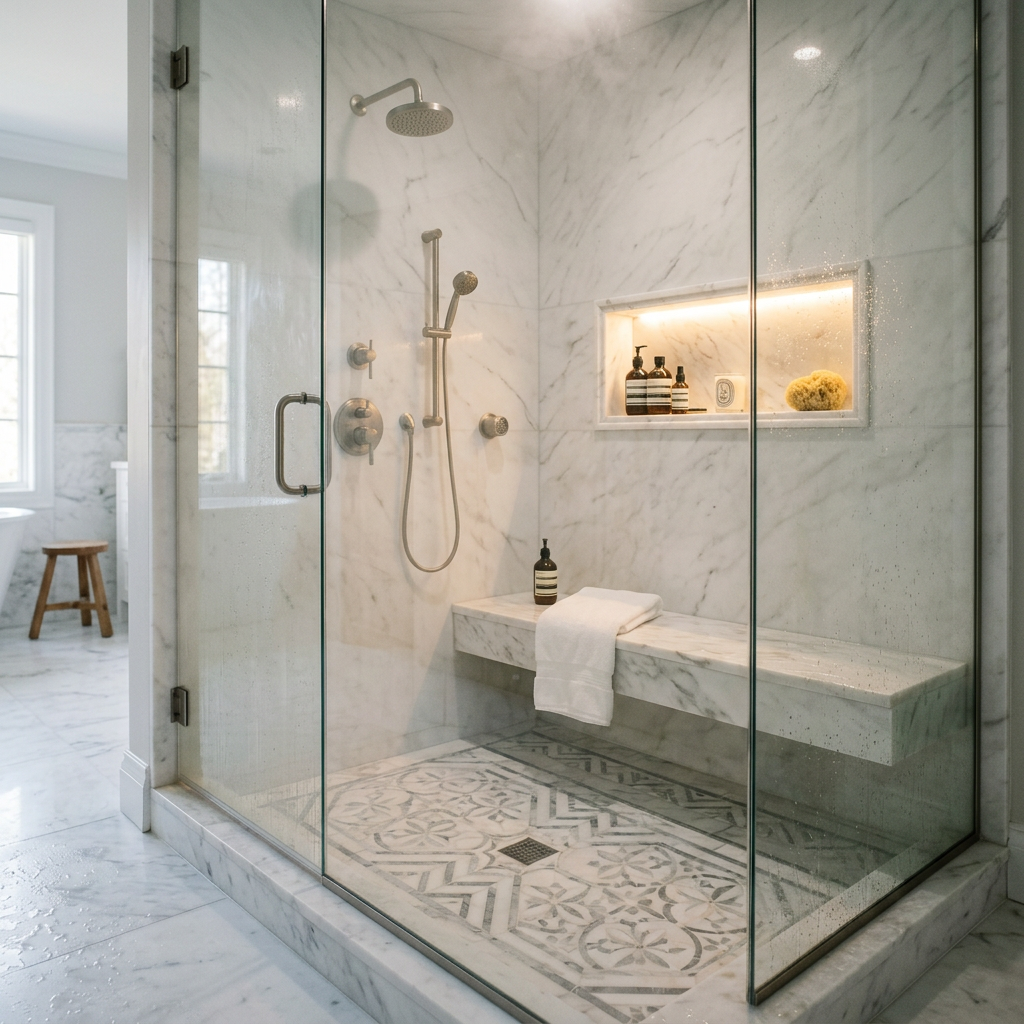 Steam Shower Marble Floor with Built-In Bench