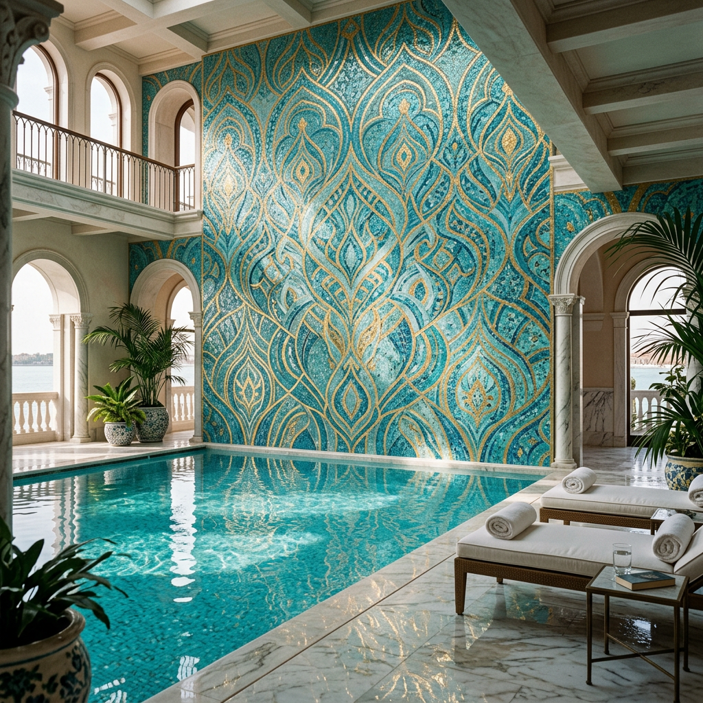 Venetian Glass and Marble Mosaic Pool Wall